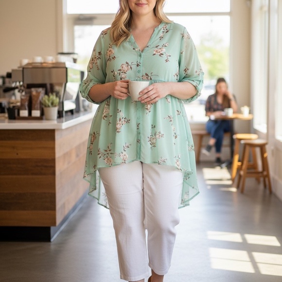 Torrid Mint Floral Hi-Low Button Front Tunic | Flowy & Feminine | Size 2 (2X) - Picture 2 of 5